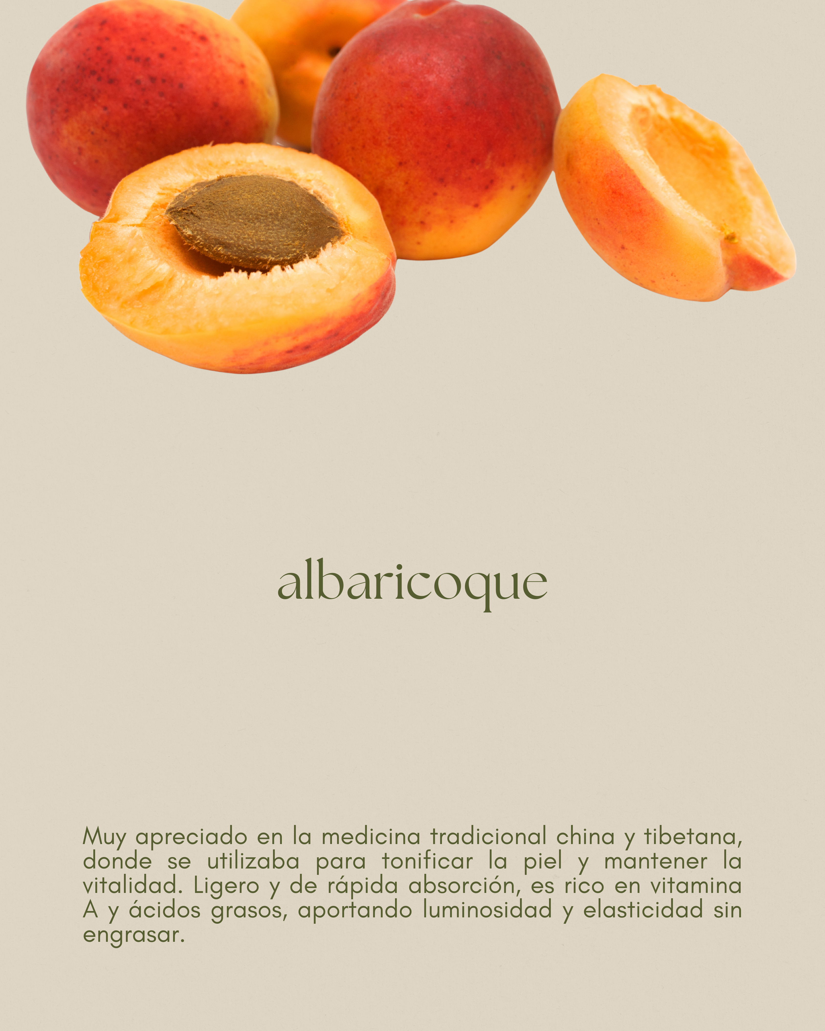 Aceite de albaricoque, nutritivo y delicado, ideal para piel seca y cabello dañado.