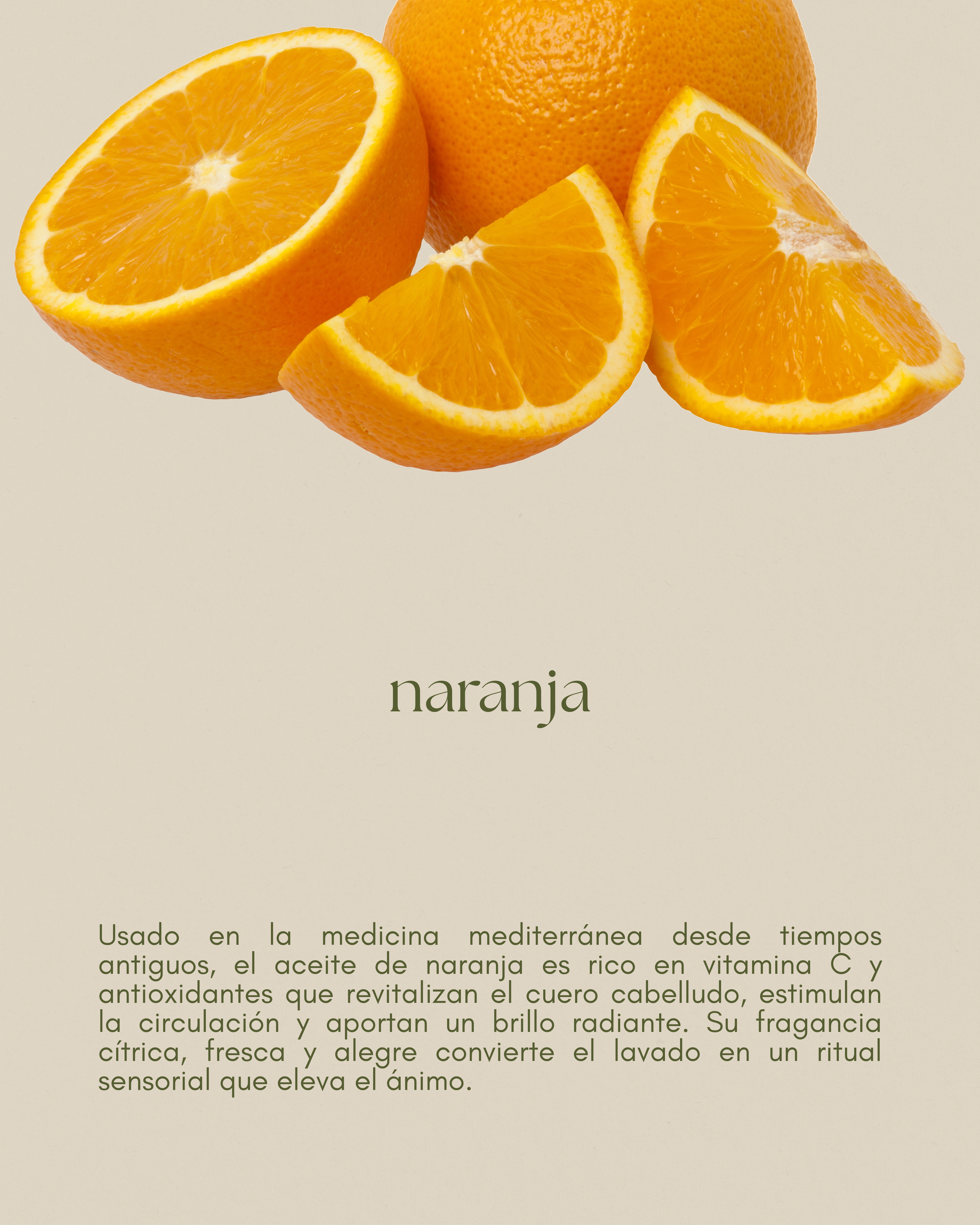 Aceite esencial de naranja, aromático y revitalizante, para un cabello brillante y fresco.