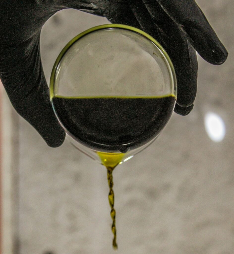 person holding clear wine glass with moringa oil